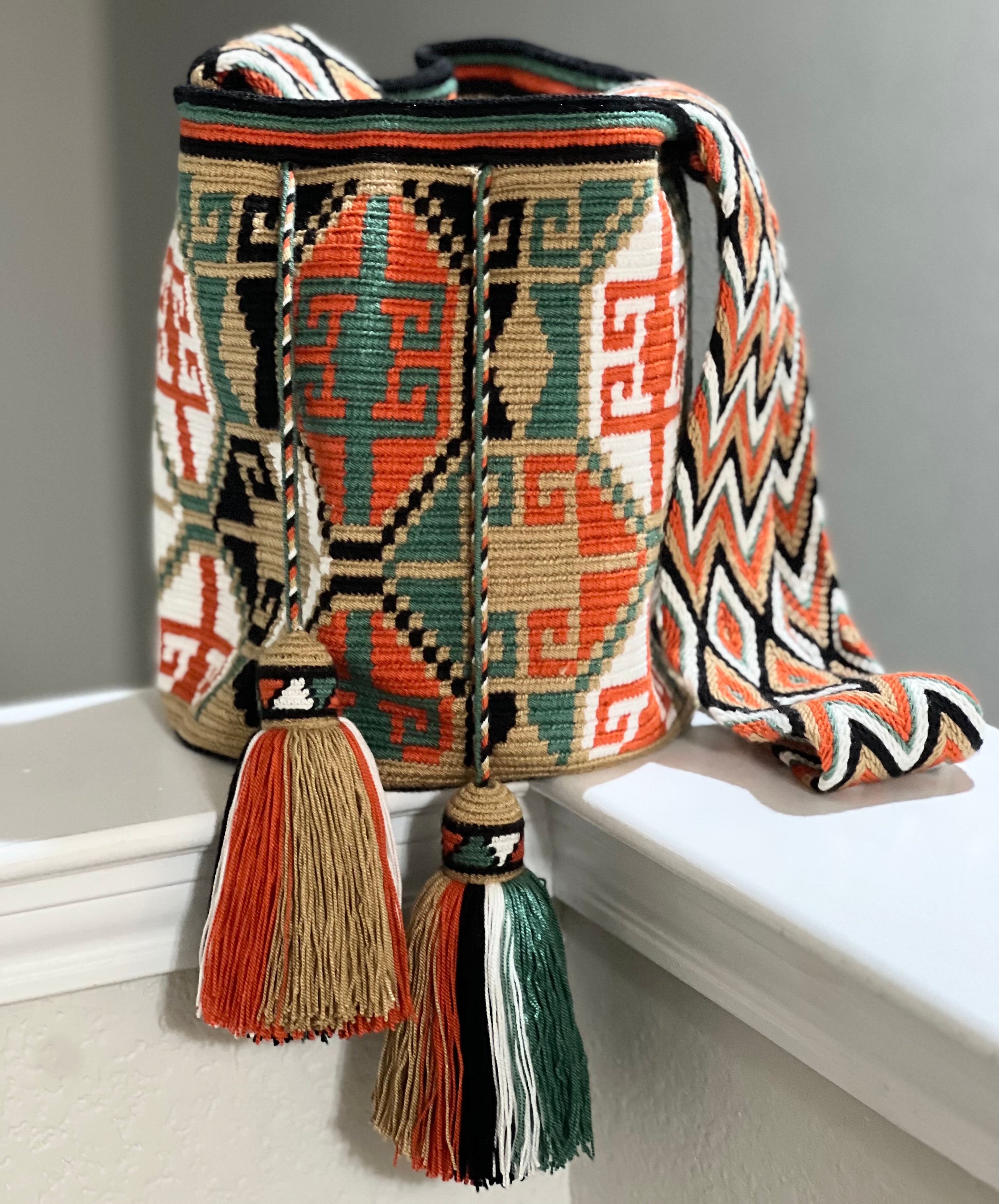 Handmade Wayuu Mochila Bag | Large Orange and Turquoise Crossbody