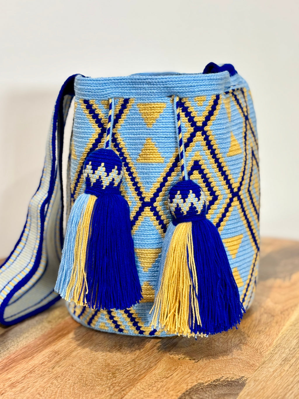 Handmade Wayuu Mochila | Large Blue and Yellow Crossbody Bucket Bag | Tambora Boutique