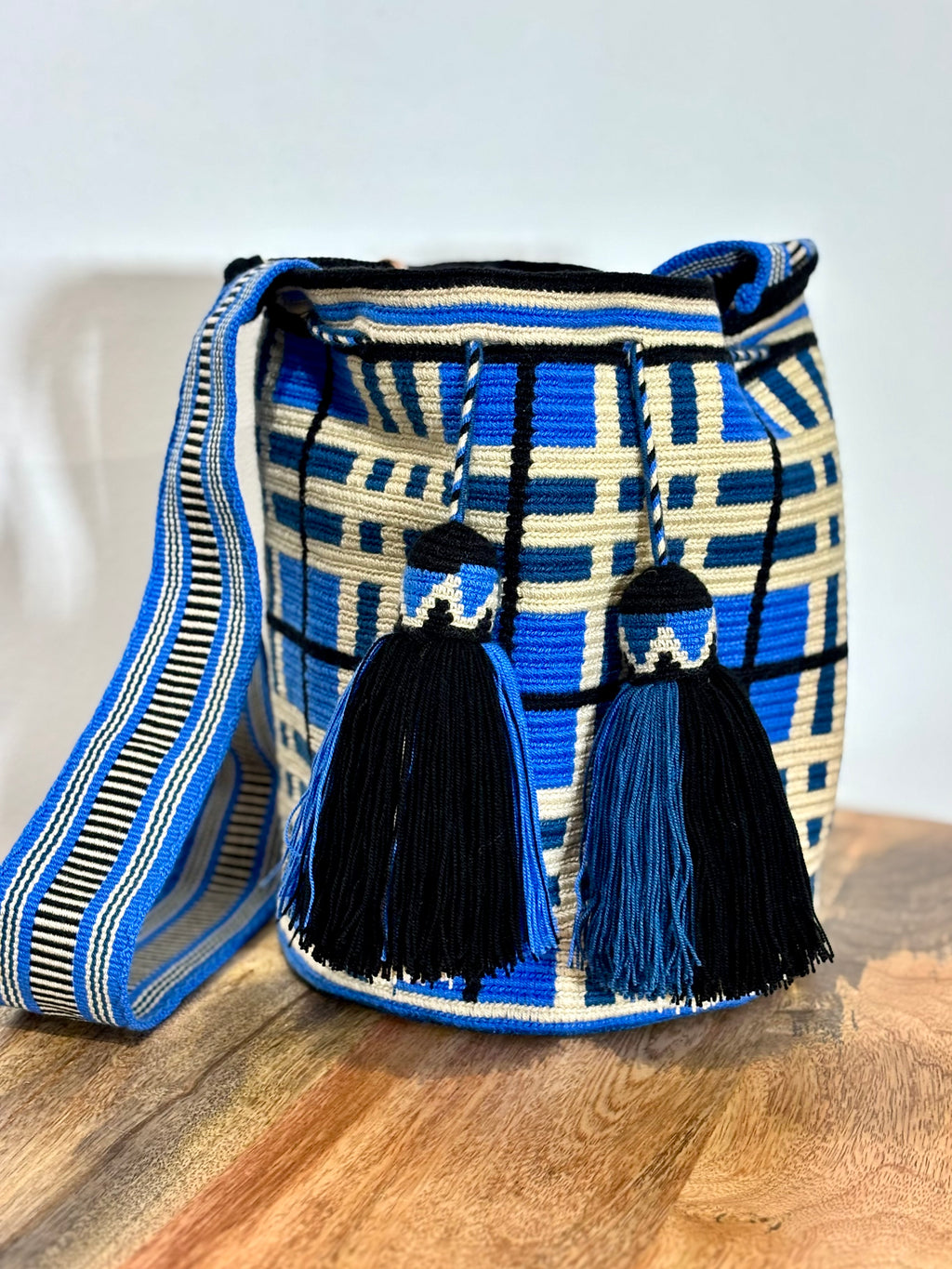 Handmade Wayuu Mochila | Large Blue and Black Crossbody Bucket Bag | Tambora Boutique