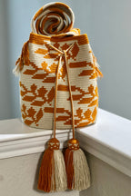 Handmade Wayuu Mochila Bag | Large Mustard Yellow and Beige Crossbody Bucket Bag | Tambora Boutique