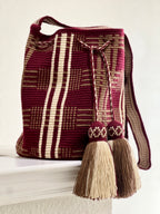 Handmade Wayuu Mochila Bag | Large Burgundy and Beige Crossbody Bucket Bag | Tambora Boutique