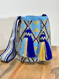 Handmade Wayuu Mochila | Large Blue and Yellow Crossbody Bucket Bag | Tambora Boutique