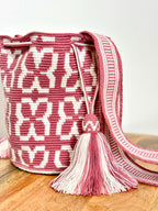 Handmade Wayuu Mochila | Medium Pink and White Crossbody Bucket Bag | Tambora Boutique