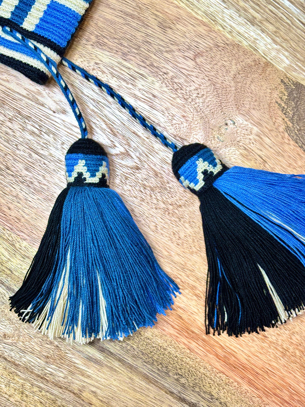 Handmade Wayuu Mochila | Large Blue and Black Crossbody Bucket Bag | Tambora Boutique