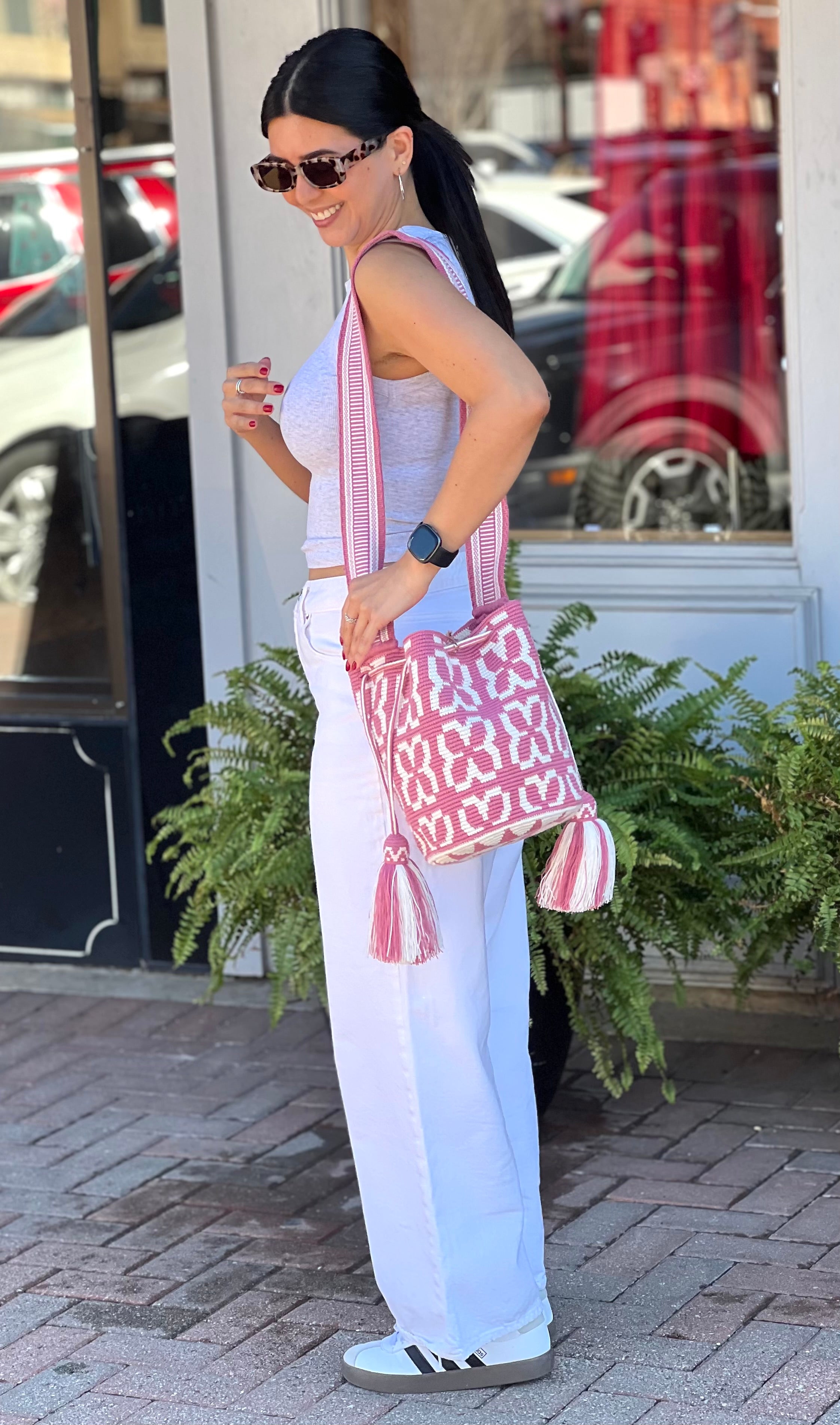 Handmade Wayuu Mochila | Medium Pink and White Crossbody Bucket Bag | Tambora Boutique