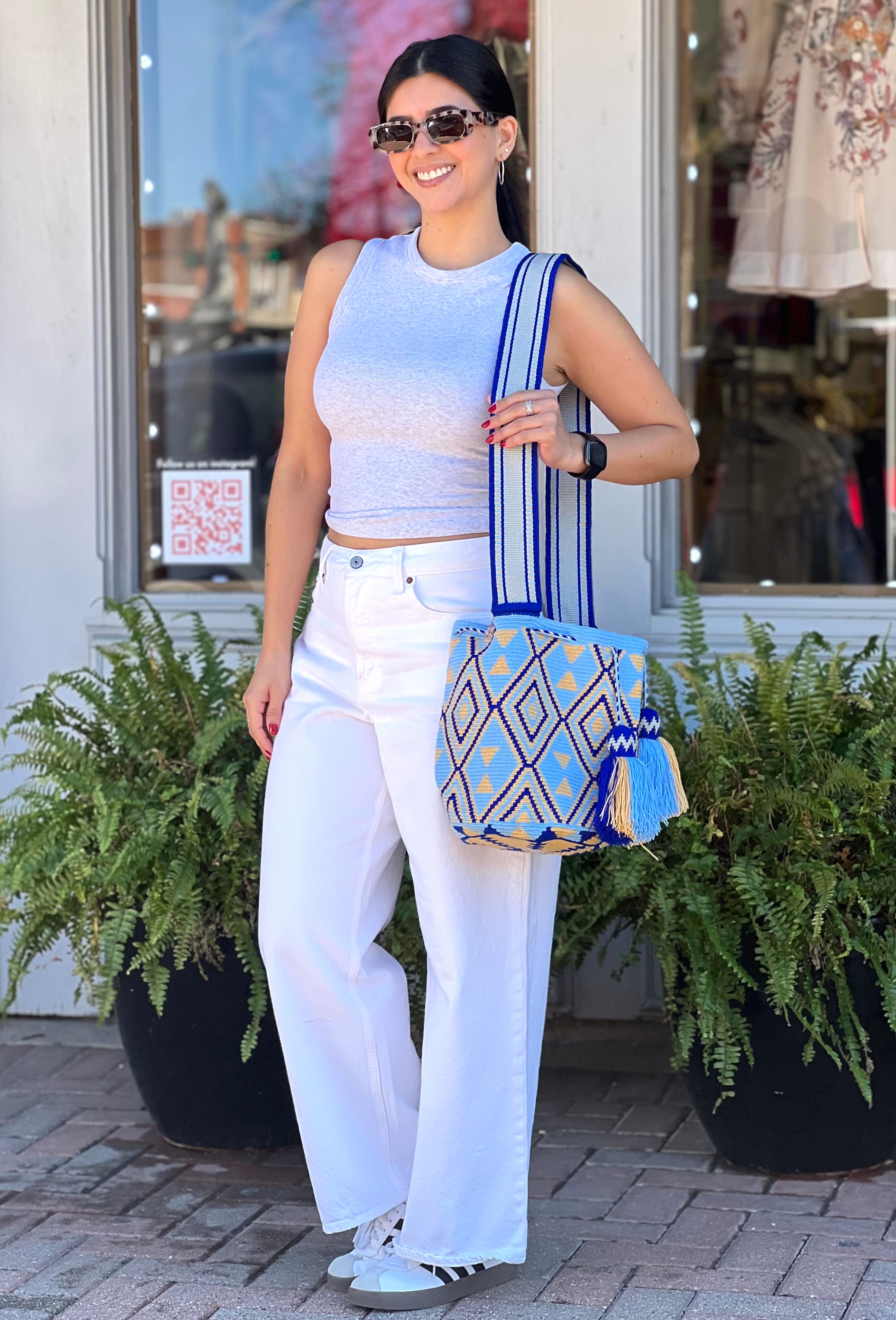 Handmade Wayuu Mochila | Large Blue and Yellow Crossbody Bucket Bag | Tambora Boutique