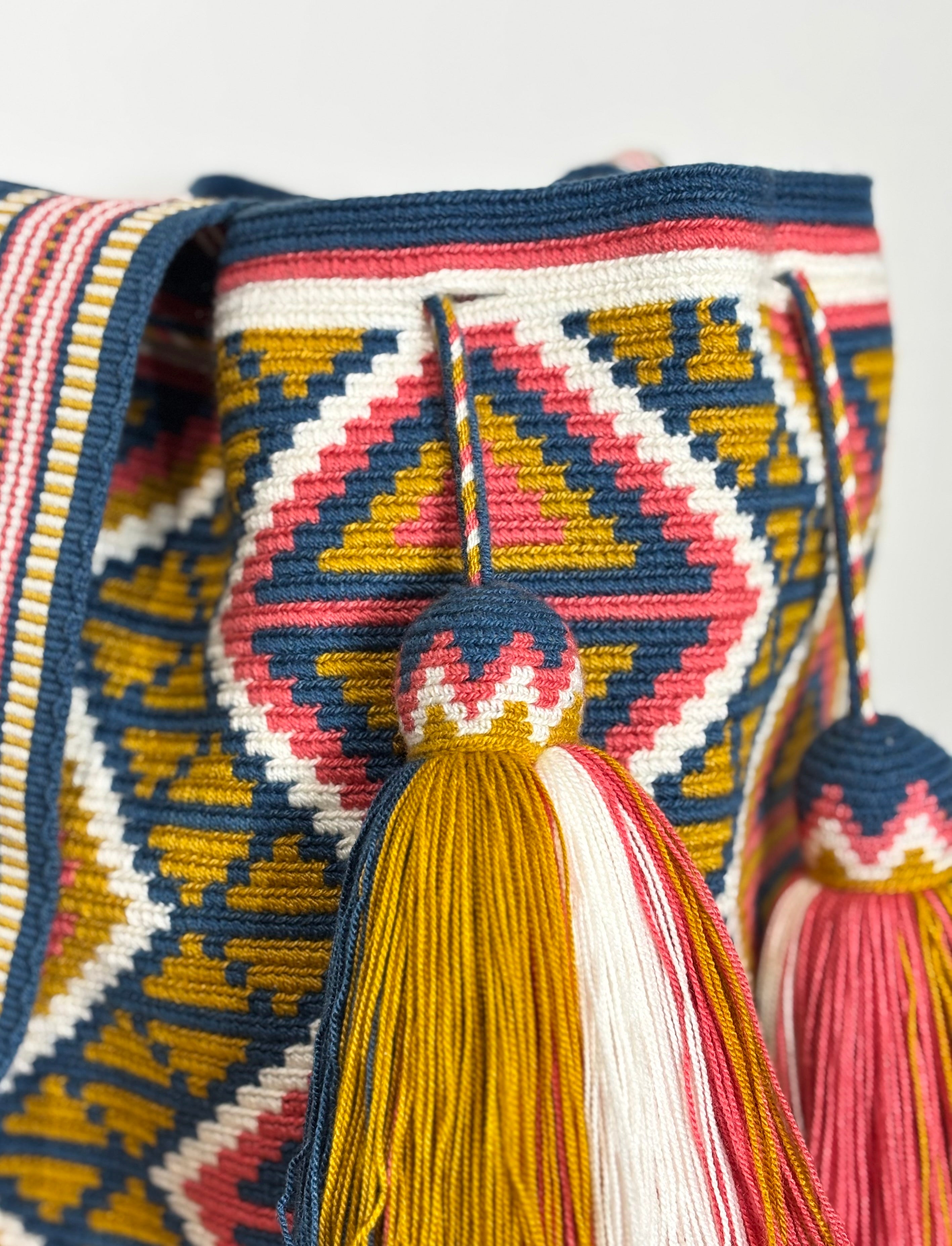 Handmade Wayuu Mochila | Large Blue and Mustard Yellow Crossbody Bucket Bag | Tambora Boutique