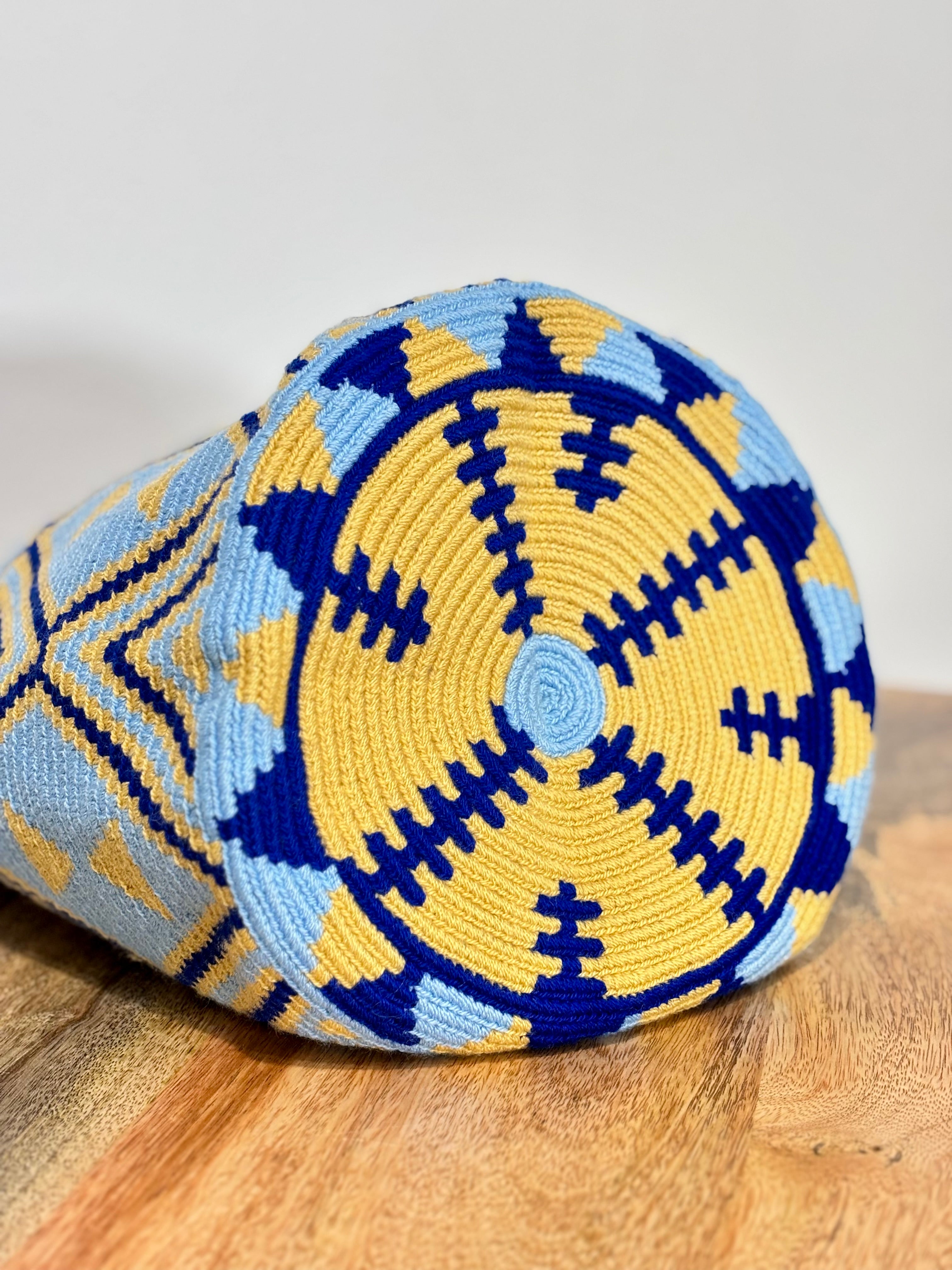 Handmade Wayuu Mochila | Large Blue and Yellow Crossbody Bucket Bag | Tambora Boutique