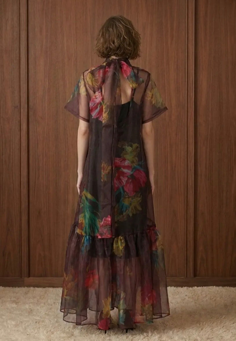 Floral Sheet Tie-Neck Dress - Wine Color