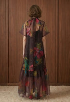 Floral Sheet Tie-Neck Dress - Wine Color