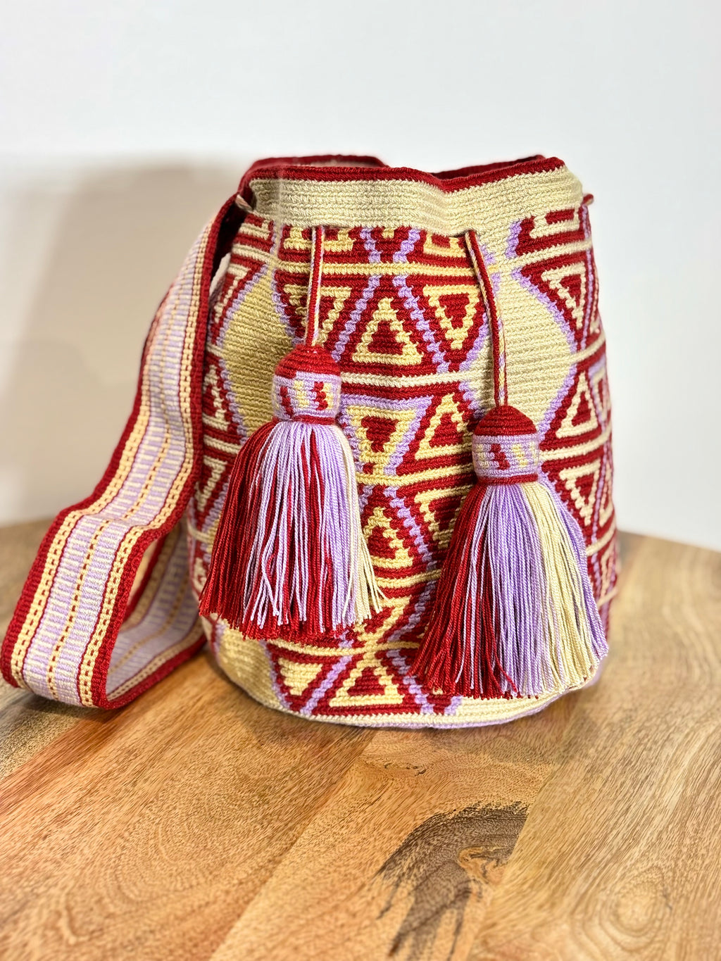 Handmade Wayuu Mochila | Large Burgundy and Purple Crossbody Bucket Bag | Tambora Boutique