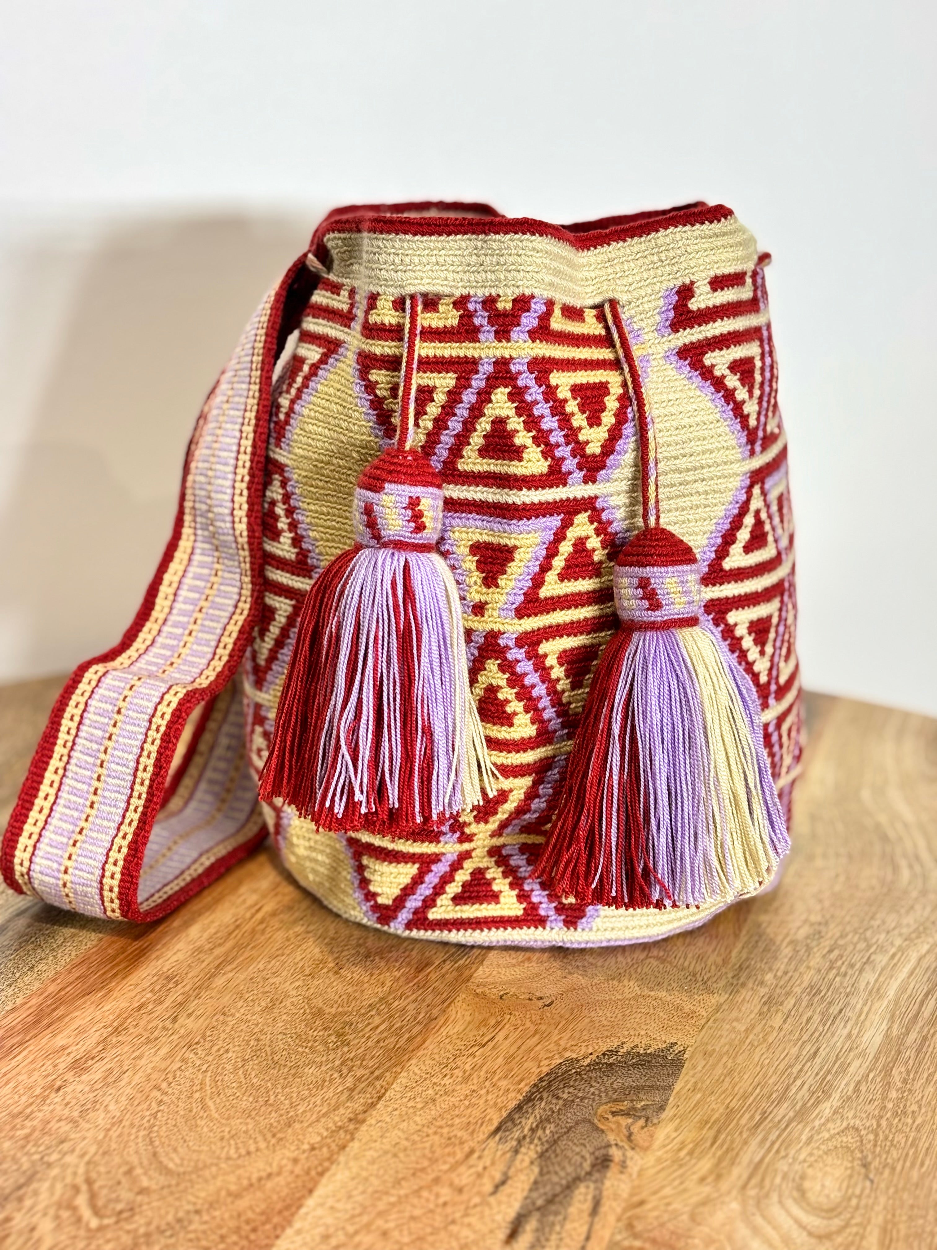 Handmade Wayuu Mochila | Large Burgundy and Purple Crossbody Bucket Bag | Tambora Boutique