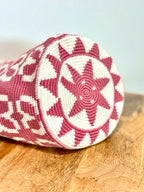 Handmade Wayuu Mochila | Medium Pink and White Crossbody Bucket Bag | Tambora Boutique