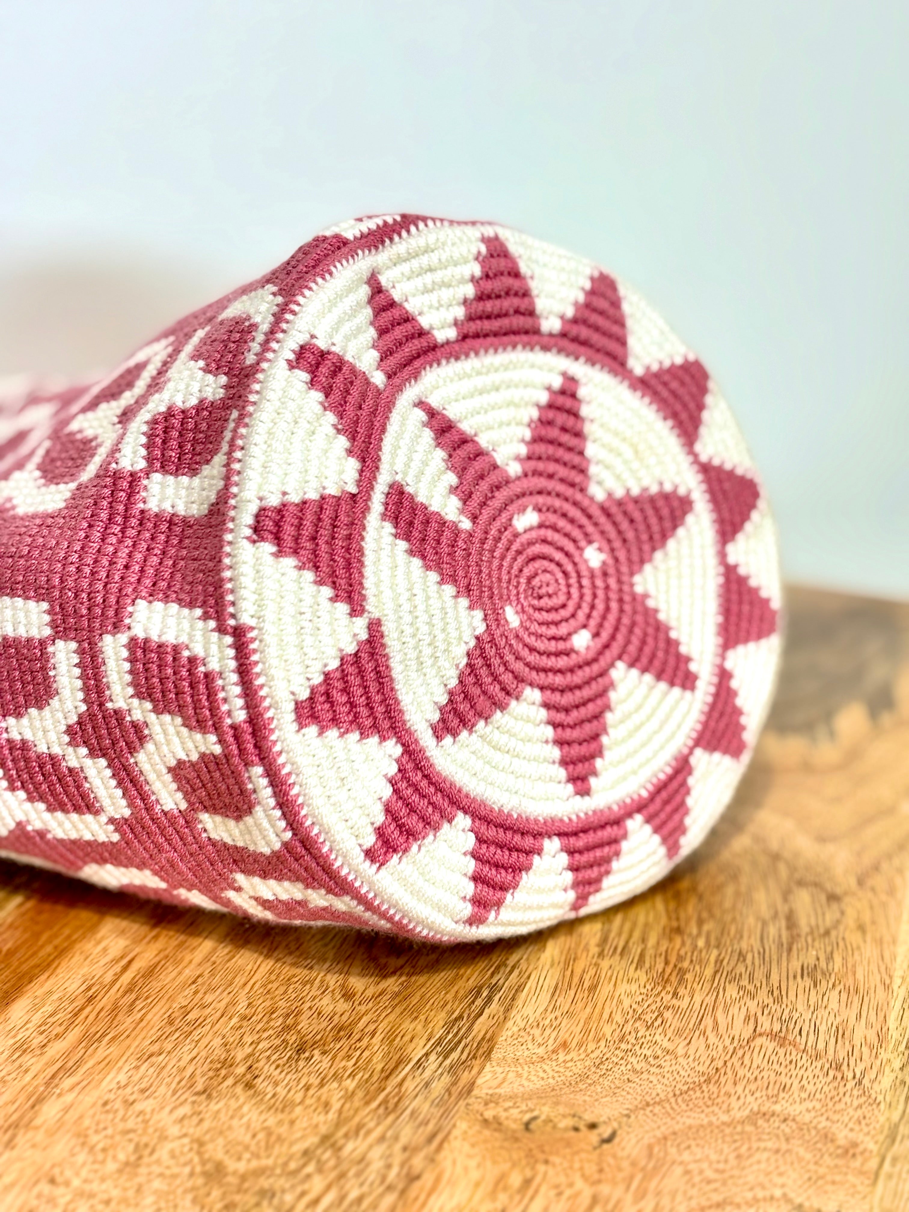 Handmade Wayuu Mochila | Medium Pink and White Crossbody Bucket Bag | Tambora Boutique