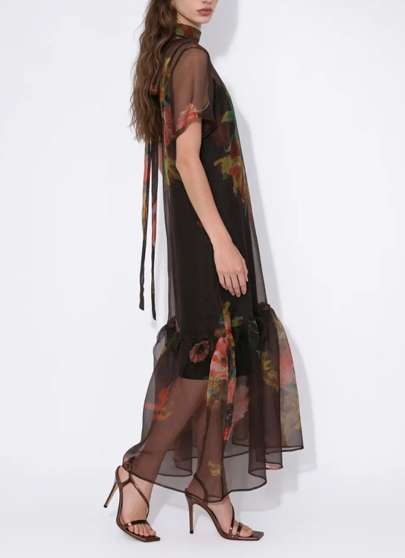 Floral Sheet Tie-Neck Dress - Coffee Color