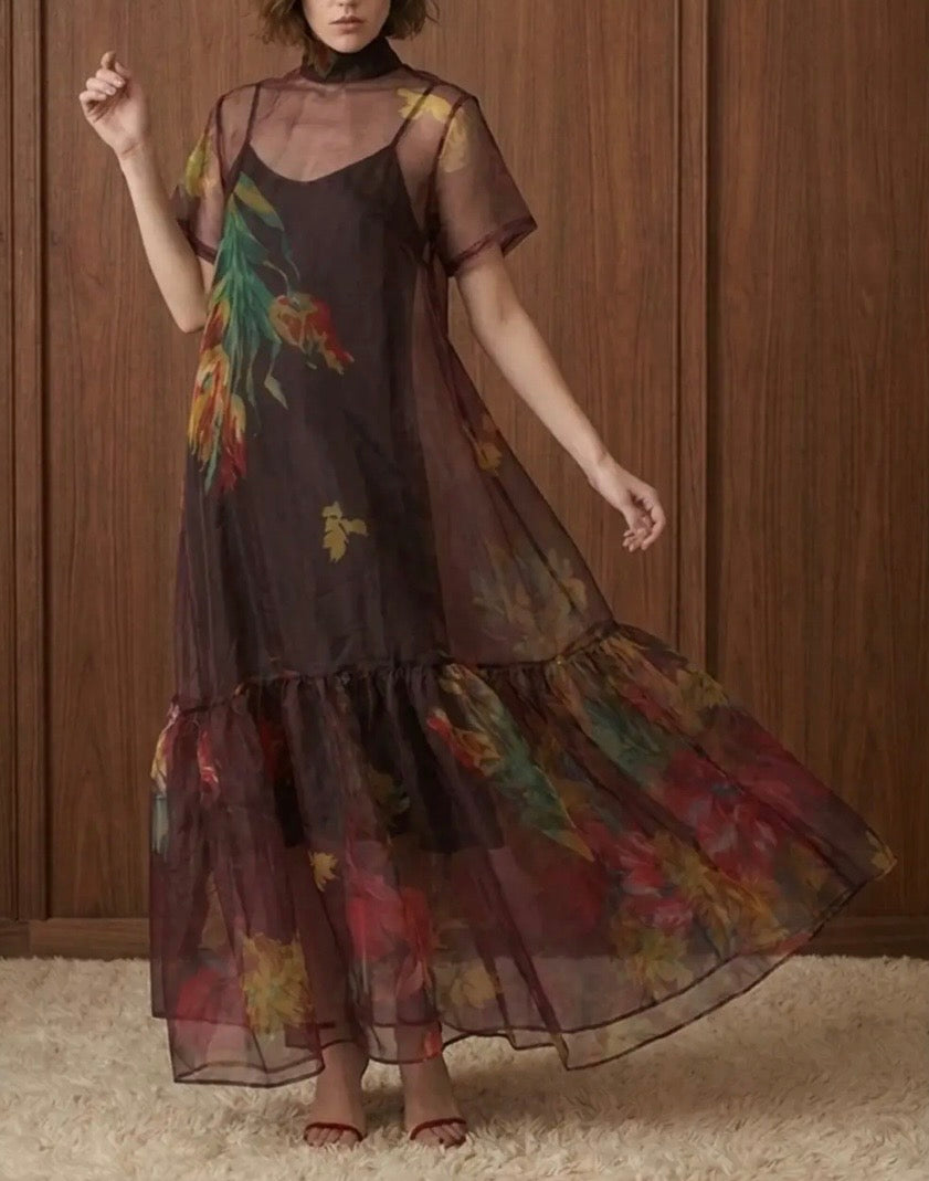 Floral Sheet Tie-Neck Dress - Wine Color