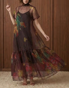Floral Sheet Tie-Neck Dress - Wine Color