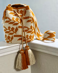 Handmade Wayuu Mochila Bag | Large Mustard Yellow and Beige Crossbody Bucket Bag | Tambora Boutique