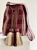 Handmade Wayuu Mochila Bag | Large Burgundy and Beige Crossbody Bucket Bag | Tambora Boutique