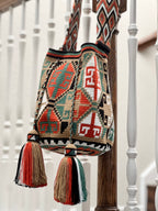 Handmade Wayuu Mochila Bag | Large Orange and Turquoise Crossbody Bucket Bag | Tambora Boutique