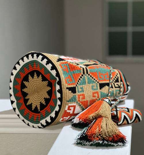 Handmade Wayuu Mochila Bag | Large Orange and Turquoise Crossbody Bucket Bag | Tambora Boutique