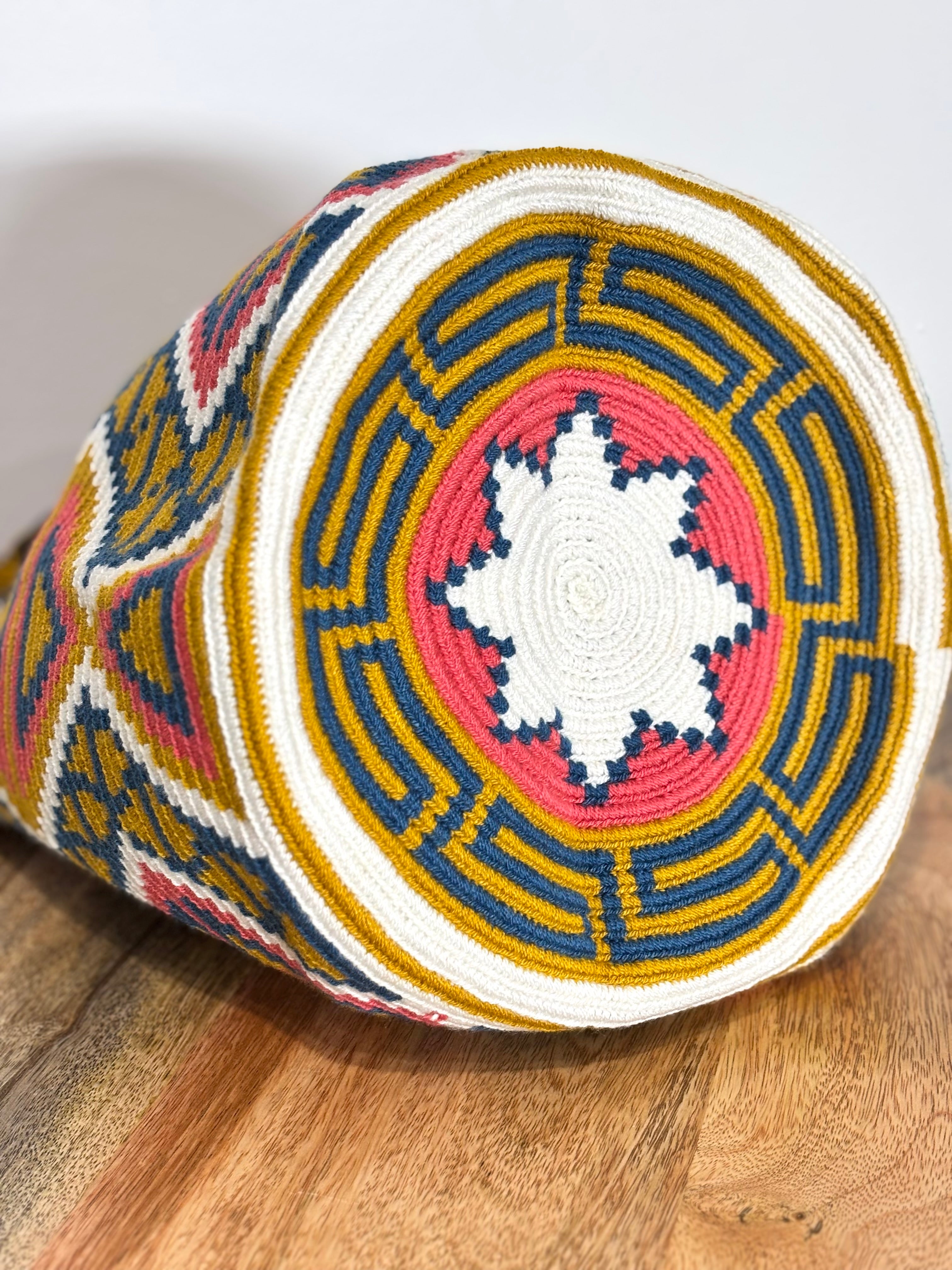Handmade Wayuu Mochila | Large Blue and Mustard Yellow Crossbody Bucket Bag | Tambora Boutique