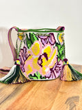 Handmade Wayuu Mochila | Medium Green and Pink Crossbody Bucket Bag | Tambora Boutique