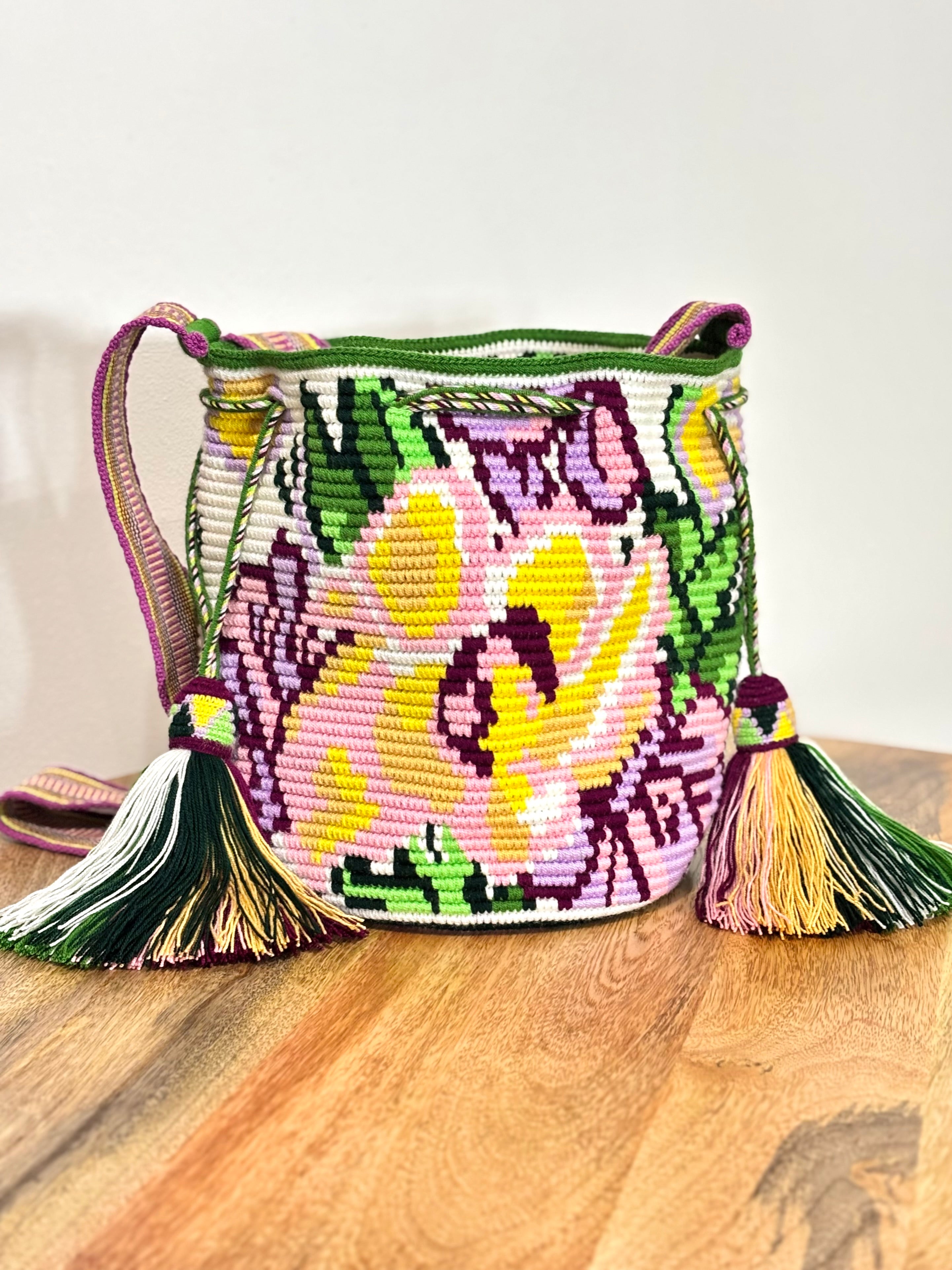 Handmade Wayuu Mochila | Medium Green and Pink Crossbody Bucket Bag | Tambora Boutique