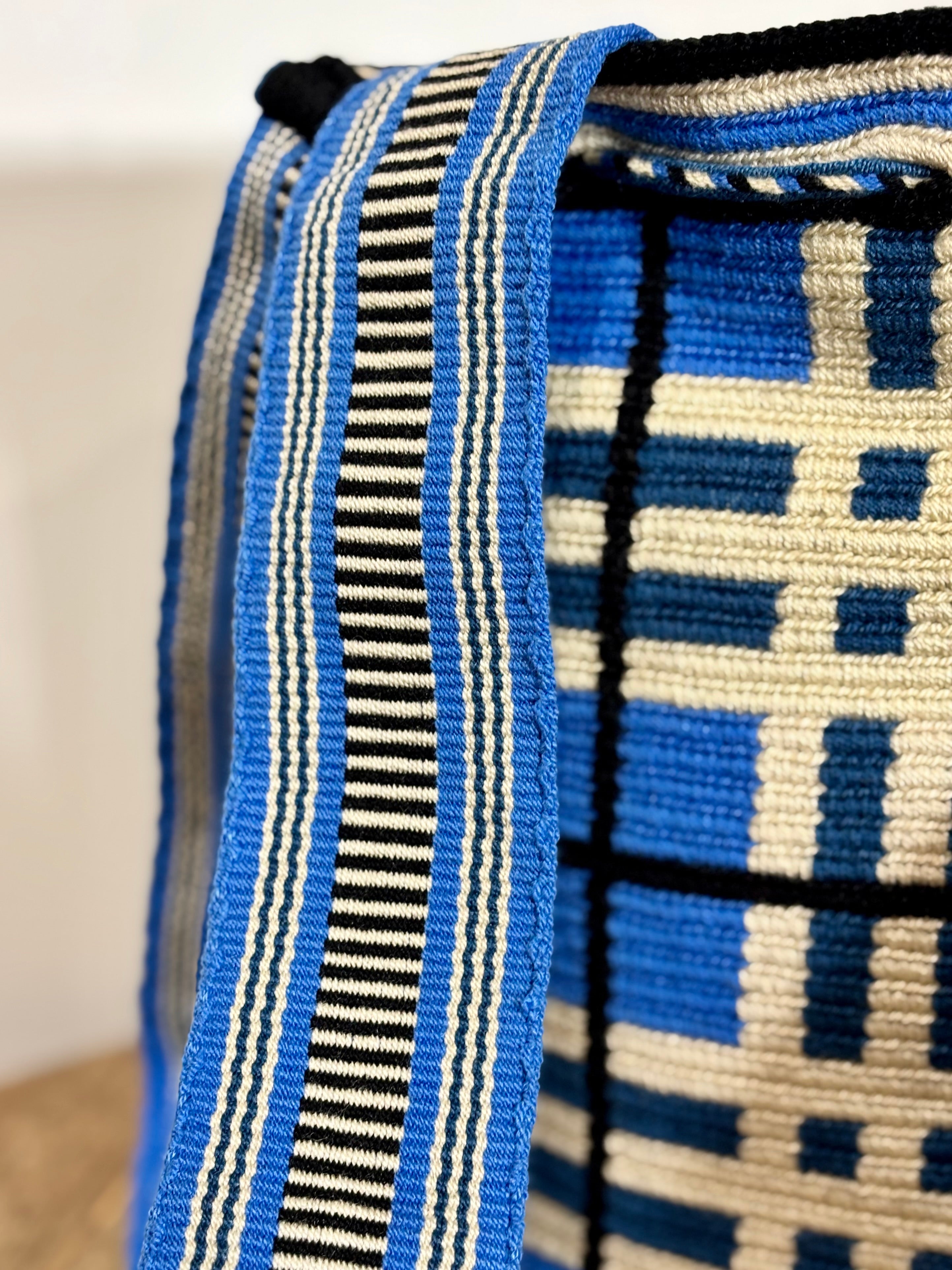 Handmade Wayuu Mochila | Large Blue and Black Crossbody Bucket Bag | Tambora Boutique
