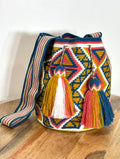 Handmade Wayuu Mochila | Large Blue and Mustard Yellow Crossbody Bucket Bag | Tambora Boutique