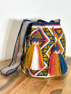 Handmade Wayuu Mochila | Large Blue and Mustard Yellow Crossbody Bucket Bag | Tambora Boutique