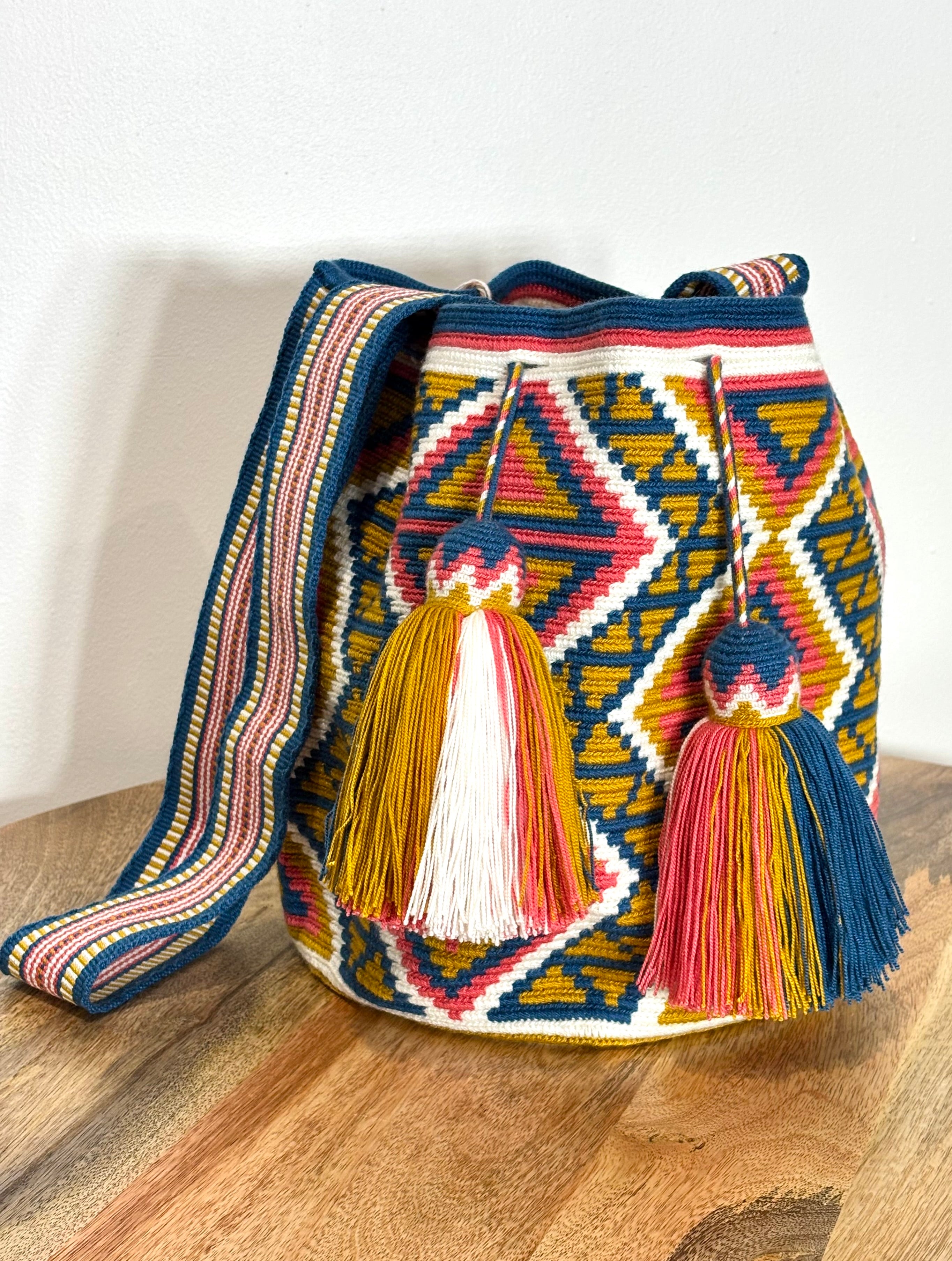 Handmade Wayuu Mochila | Large Blue and Mustard Yellow Crossbody Bucket Bag | Tambora Boutique
