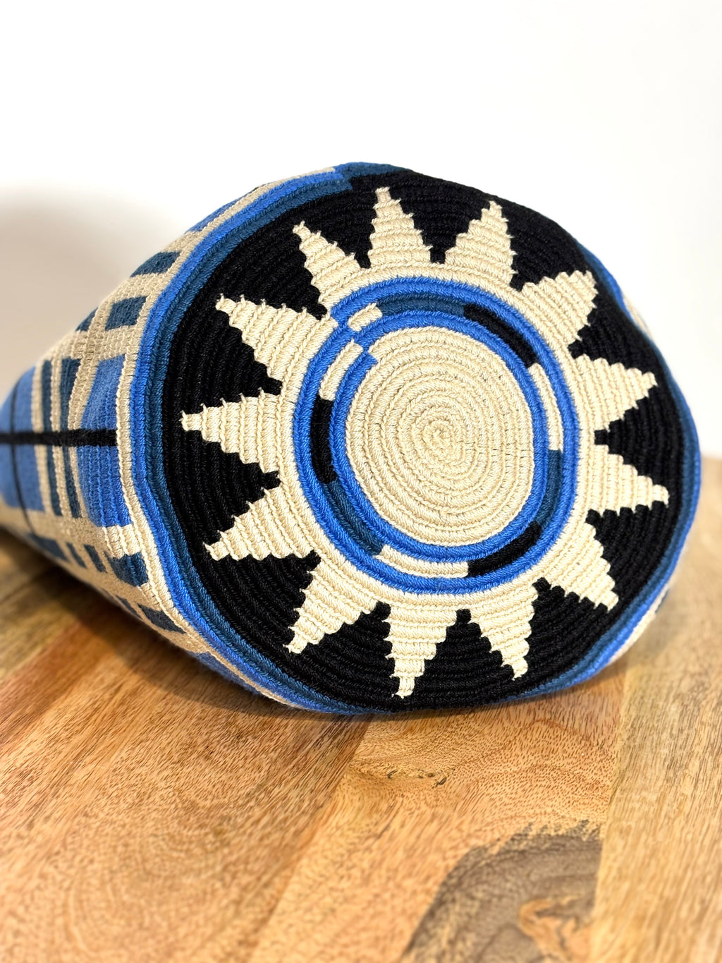 Handmade Wayuu Mochila | Large Blue and Black Crossbody Bucket Bag | Tambora Boutique