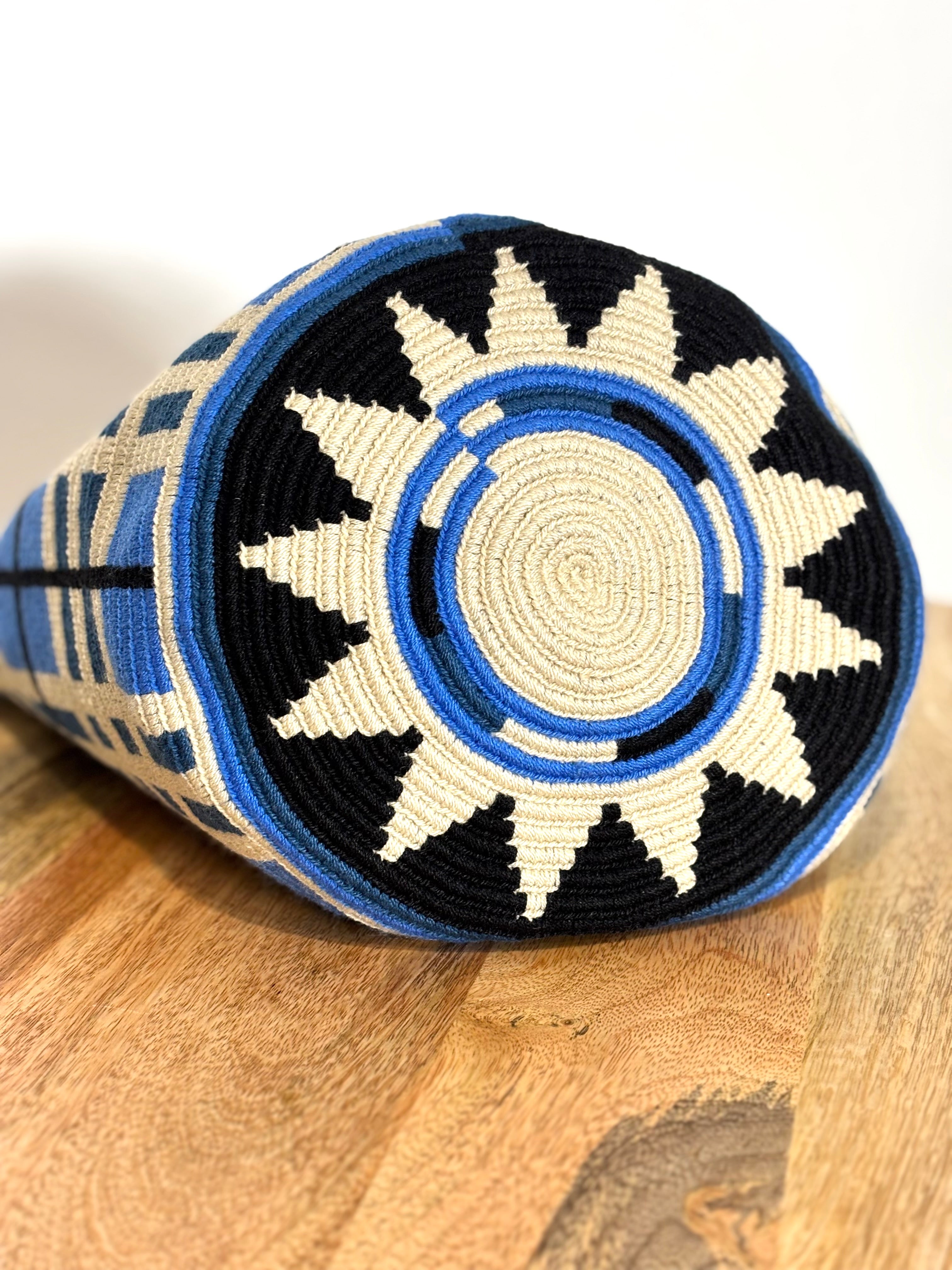 Handmade Wayuu Mochila | Large Blue and Black Crossbody Bucket Bag | Tambora Boutique