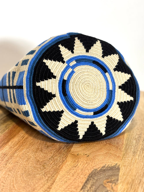 Handmade Wayuu Mochila | Large Blue and Black Crossbody Bucket Bag | Tambora Boutique