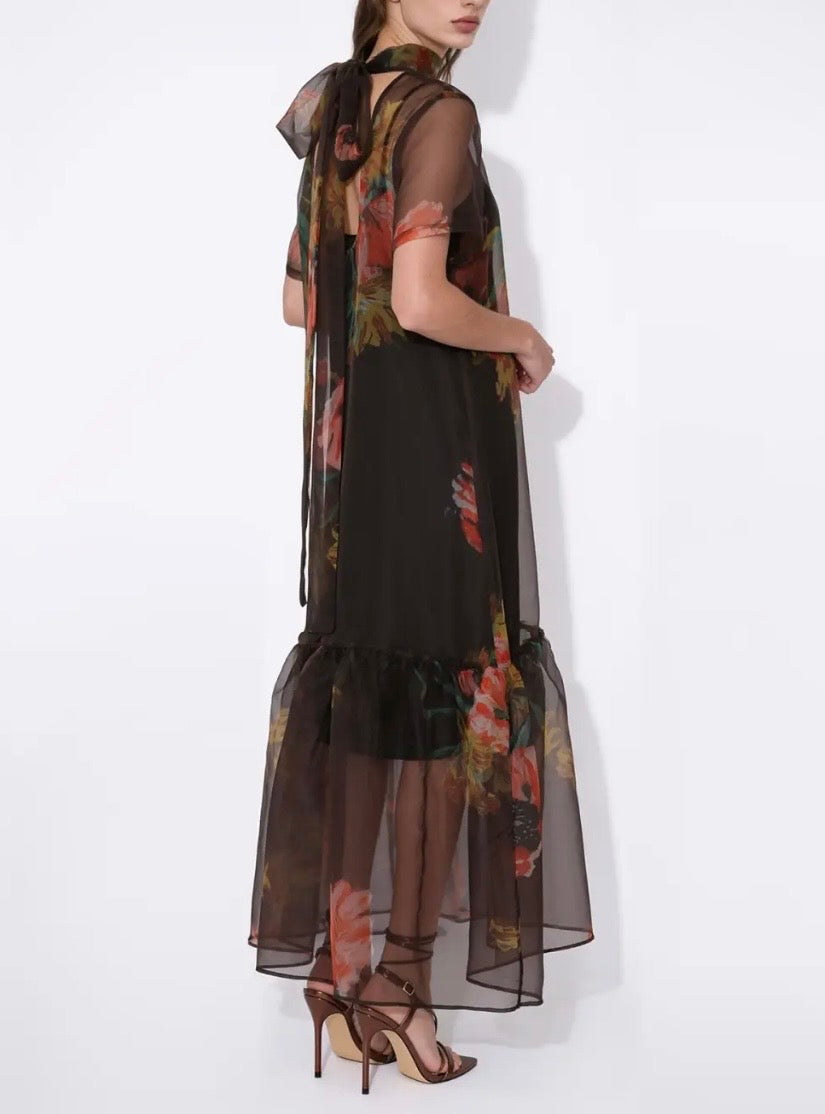 Floral Sheet Tie-Neck Dress - Coffee Color