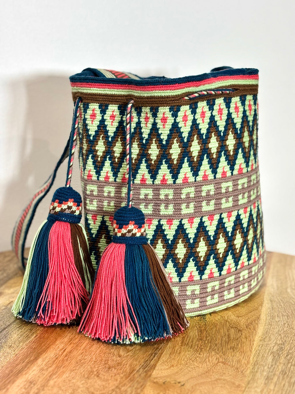 Handmade Wayuu Mochila | Large Teal and Pink Crossbody Bucket Bag | Tambora Boutique