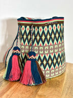 Handmade Wayuu Mochila | Large Teal and Pink Crossbody Bucket Bag | Tambora Boutique