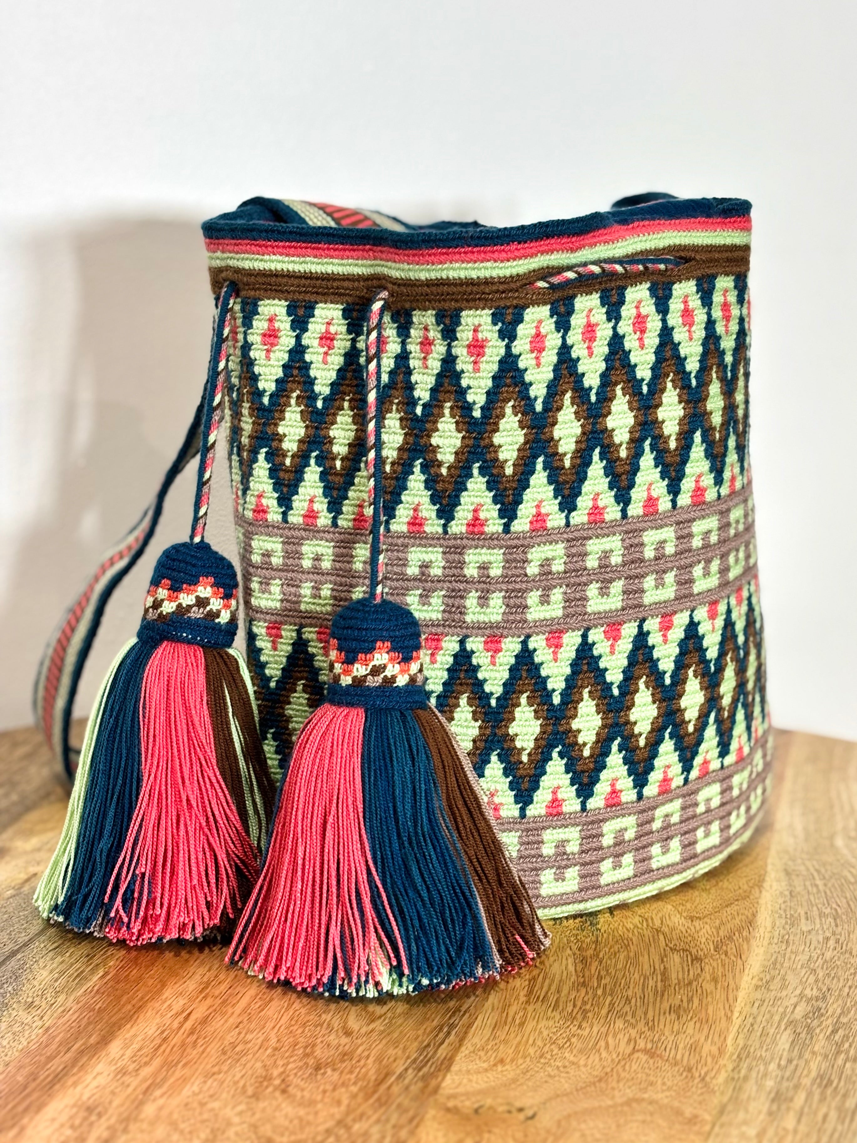 Handmade Wayuu Mochila | Large Teal and Pink Crossbody Bucket Bag | Tambora Boutique