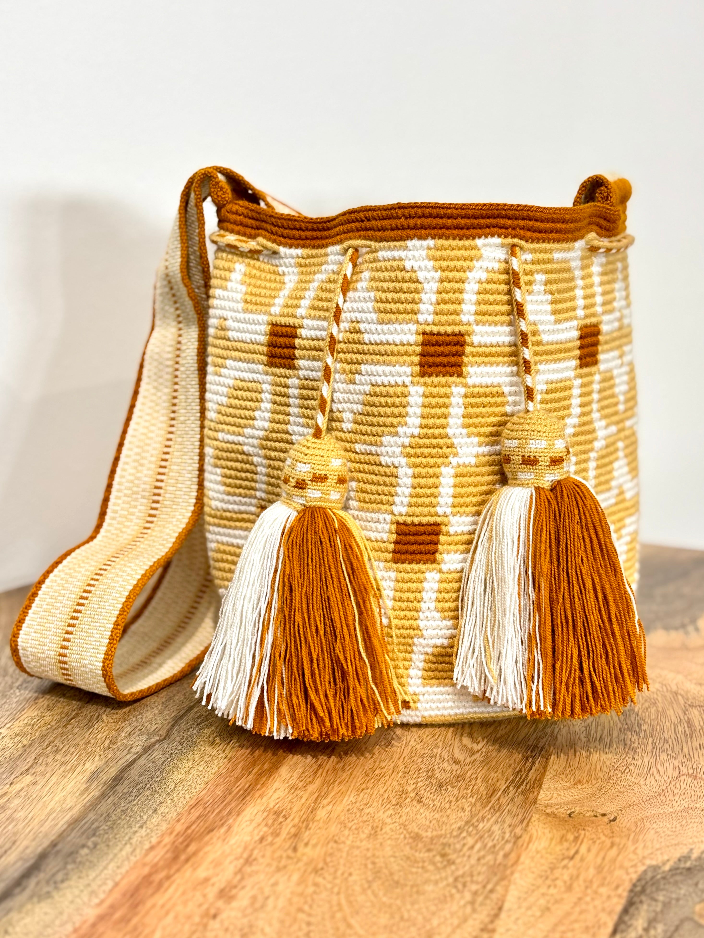Handmade Wayuu Mochila | Medium Yellow and Orange Crossbody Bucket Bag | Tambora Boutique