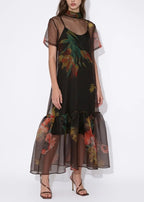 Floral Sheet Tie-Neck Dress - Coffee Color