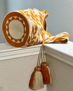Handmade Wayuu Mochila Bag | Large Mustard Yellow and Beige Crossbody Bucket Bag | Tambora Boutique
