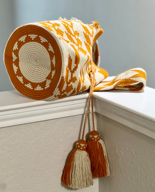 Handmade Wayuu Mochila Bag | Large Mustard Yellow and Beige Crossbody Bucket Bag | Tambora Boutique