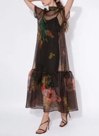 Floral Sheet Tie-Neck Dress - Coffee Color