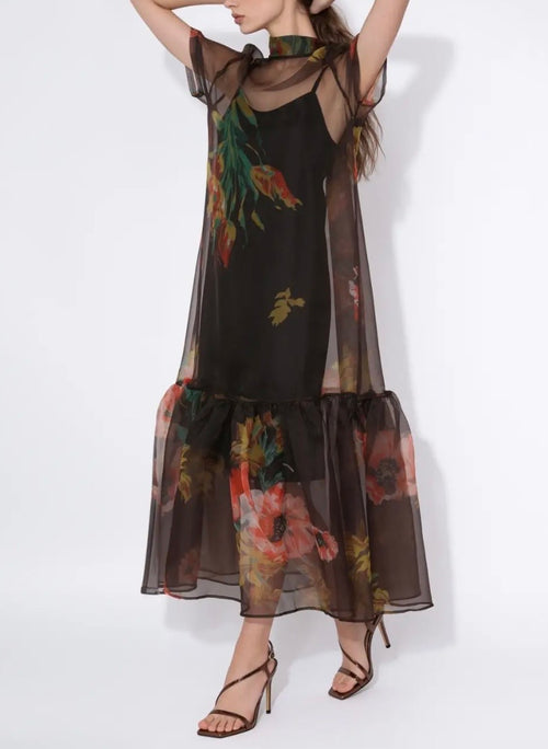 Floral Sheet Tie-Neck Dress - Coffee Color