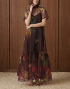 Floral Sheet Tie-Neck Dress - Wine Color