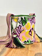 Handmade Wayuu Mochila | Medium Green and Pink Crossbody Bucket Bag | Tambora Boutique
