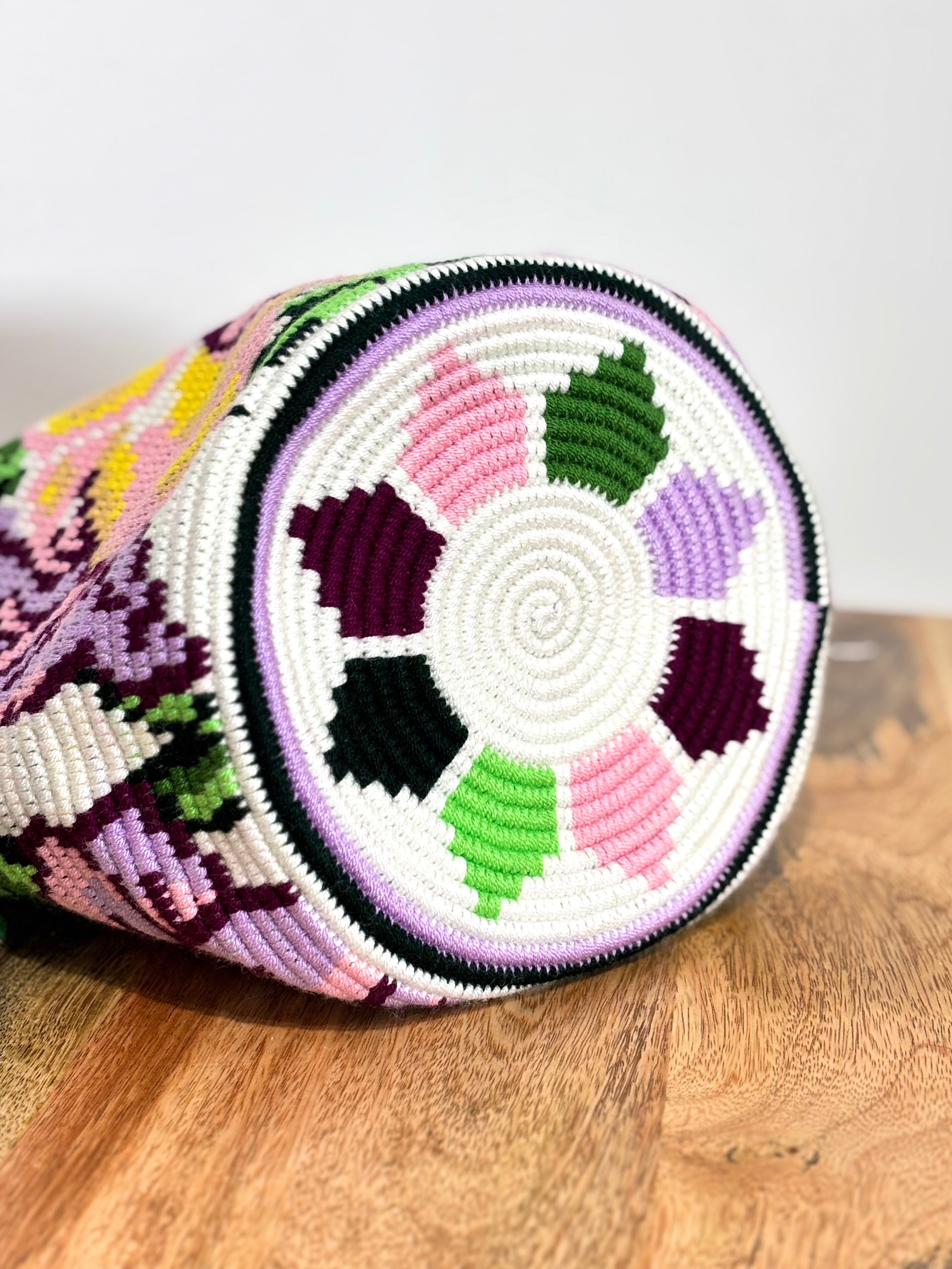Handmade Wayuu Mochila | Medium Green and Pink Crossbody Bucket Bag | Tambora Boutique
