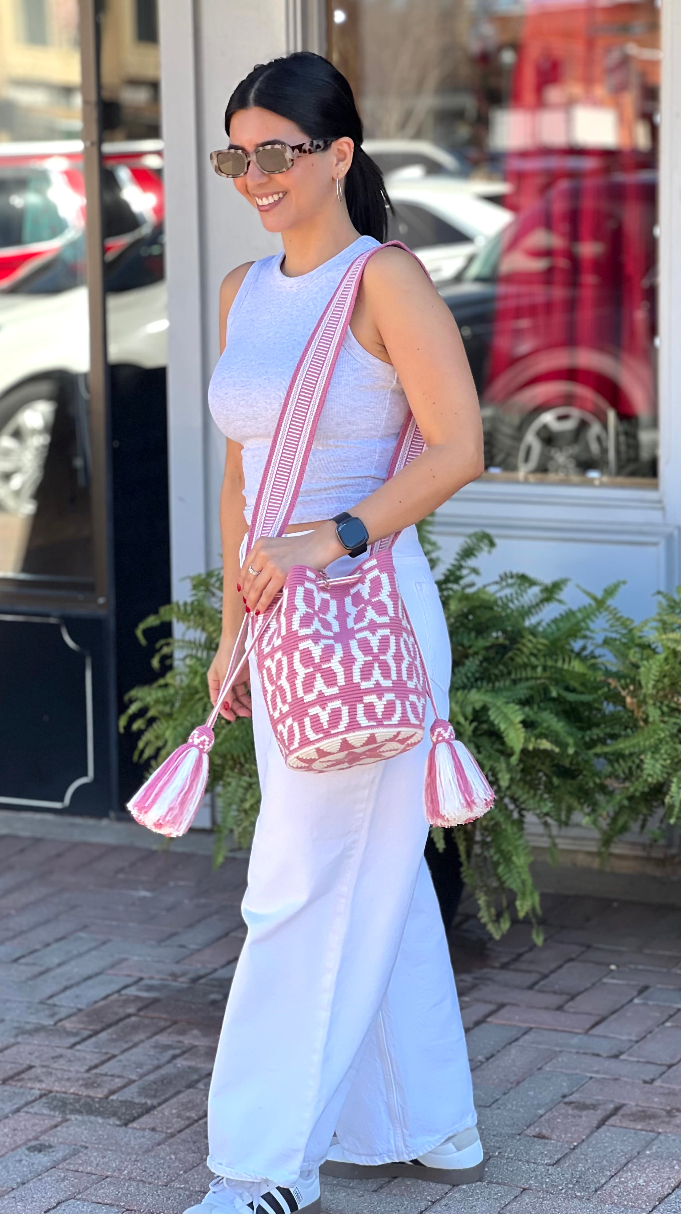 Handmade Wayuu Mochila | Medium Pink and White Crossbody Bucket Bag | Tambora Boutique