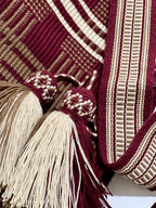Handmade Wayuu Mochila Bag | Large Burgundy and Beige Crossbody Bucket Bag | Tambora Boutique